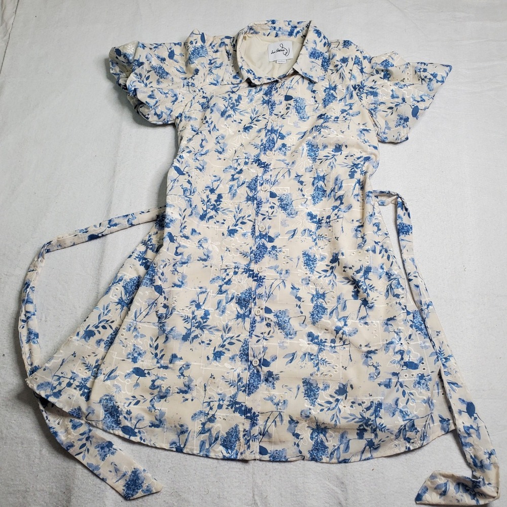 Sam Edelman Women's Blue White Floral Embroidered Eyelet Belted Puff Size 10